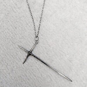 Blackened Sterling Silver Crooked Cross Necklace - Black Metal, Witchy, Gothic